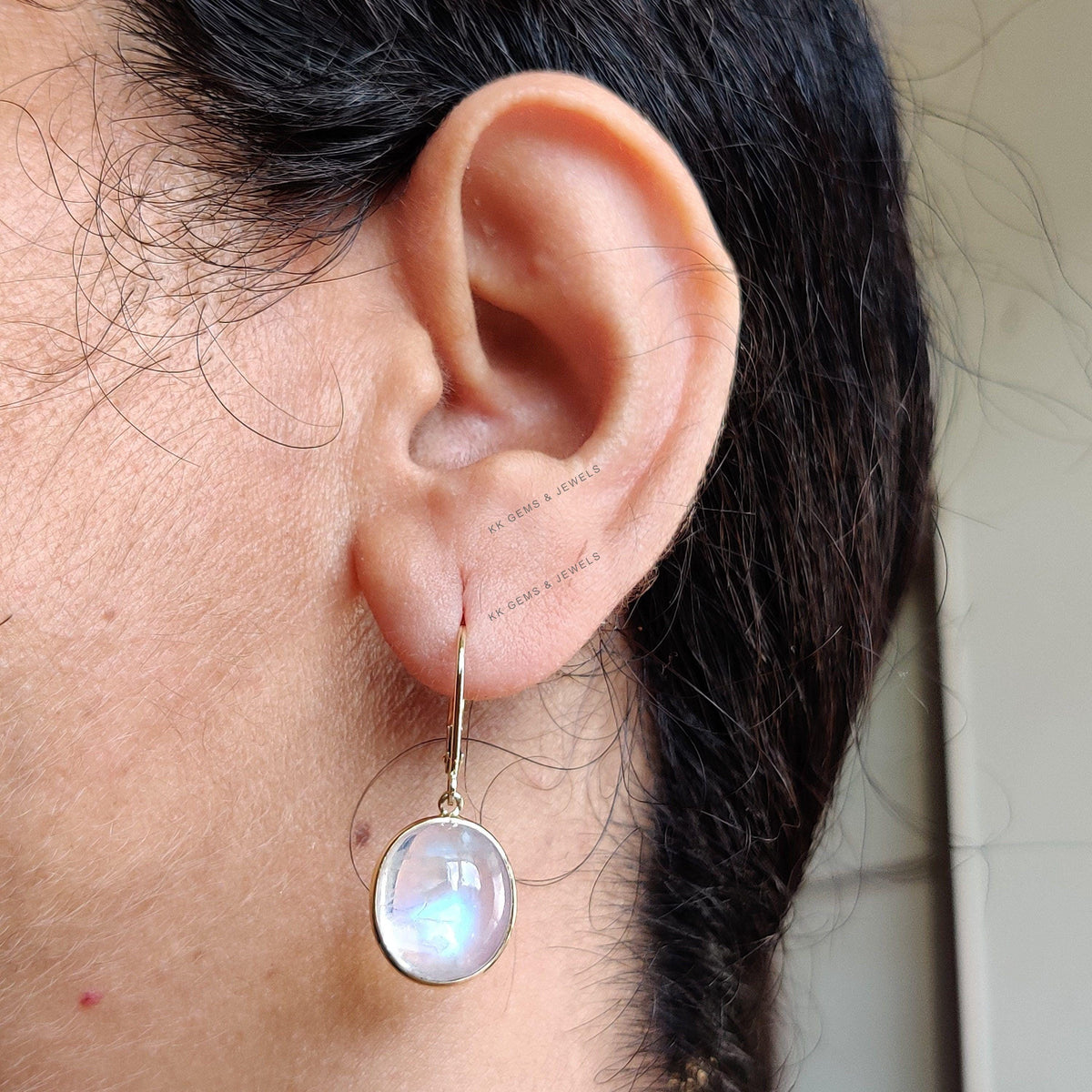 Natural Rainbow Moonstone Earrings, 14K Solid Yellow Gold, June Birthstone