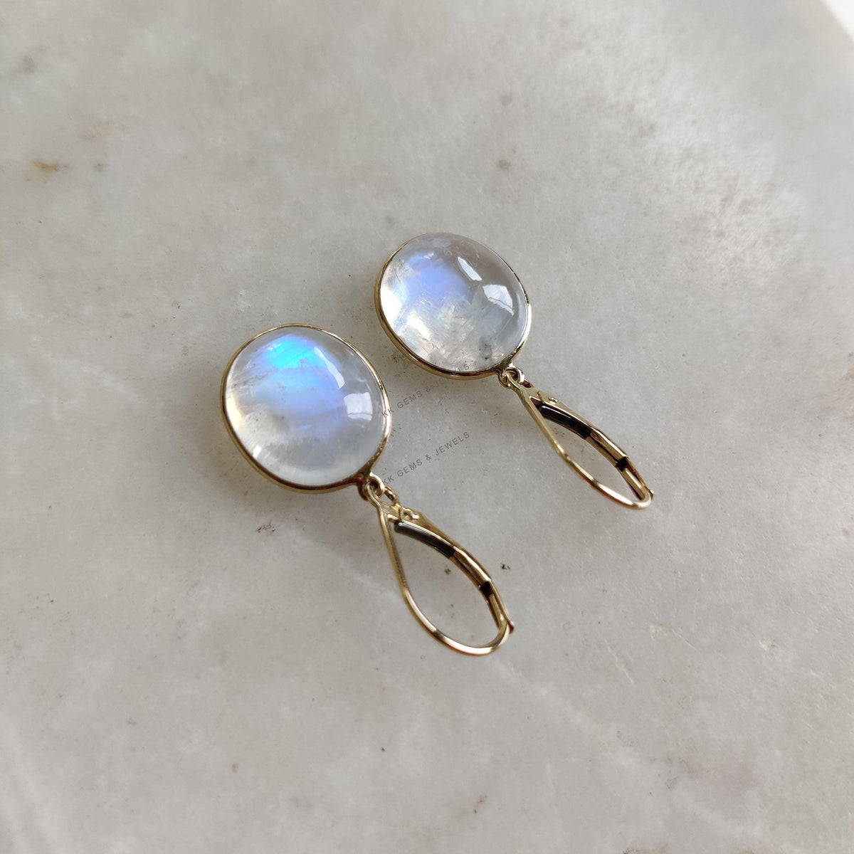 Natural Rainbow Moonstone Earrings, 14K Solid Yellow Gold, June Birthstone
