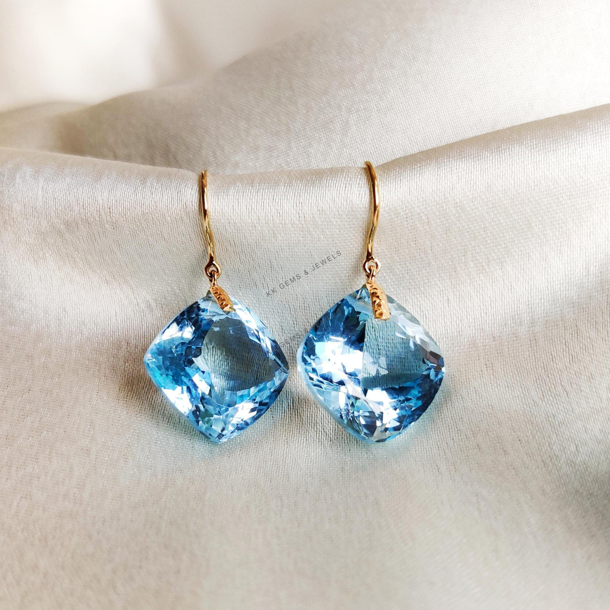 14K Solid Yellow Gold Natural Sky Blue Topaz Drill Earrings, December Birthstone
