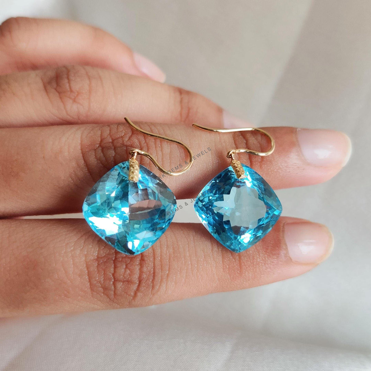 14K Solid Yellow Gold Natural Sky Blue Topaz Drill Earrings, December Birthstone
