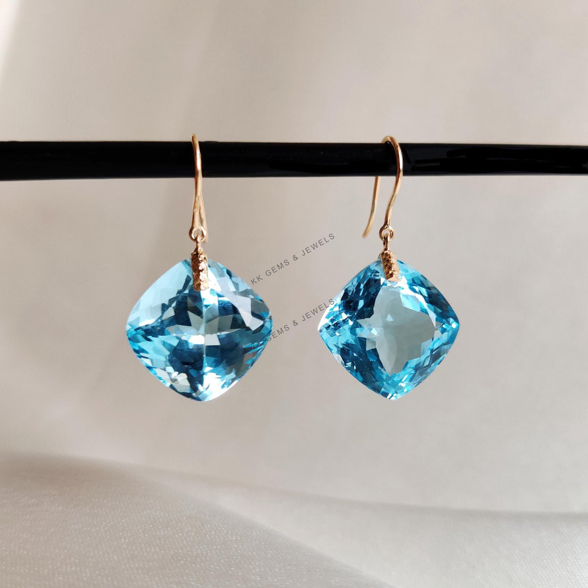 14K Solid Yellow Gold Natural Sky Blue Topaz Drill Earrings, December Birthstone