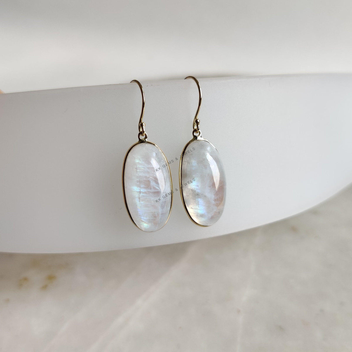 Natural Rainbow Moonstone Earrings: 14K Solid Yellow Gold Bezel, June Birthstone