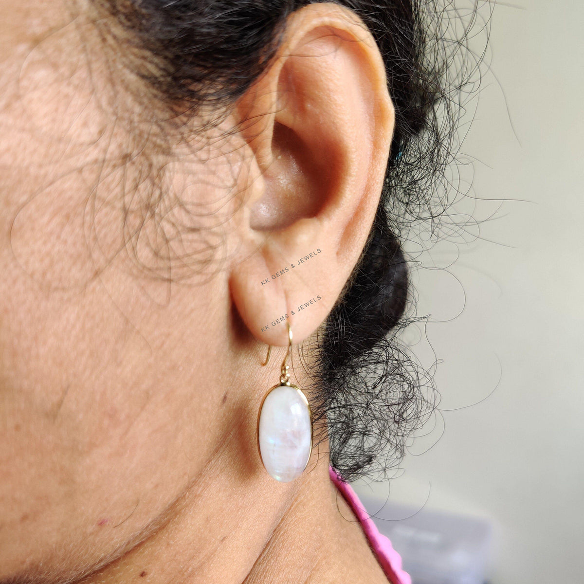 Natural Rainbow Moonstone Earrings: 14K Solid Yellow Gold Bezel, June Birthstone