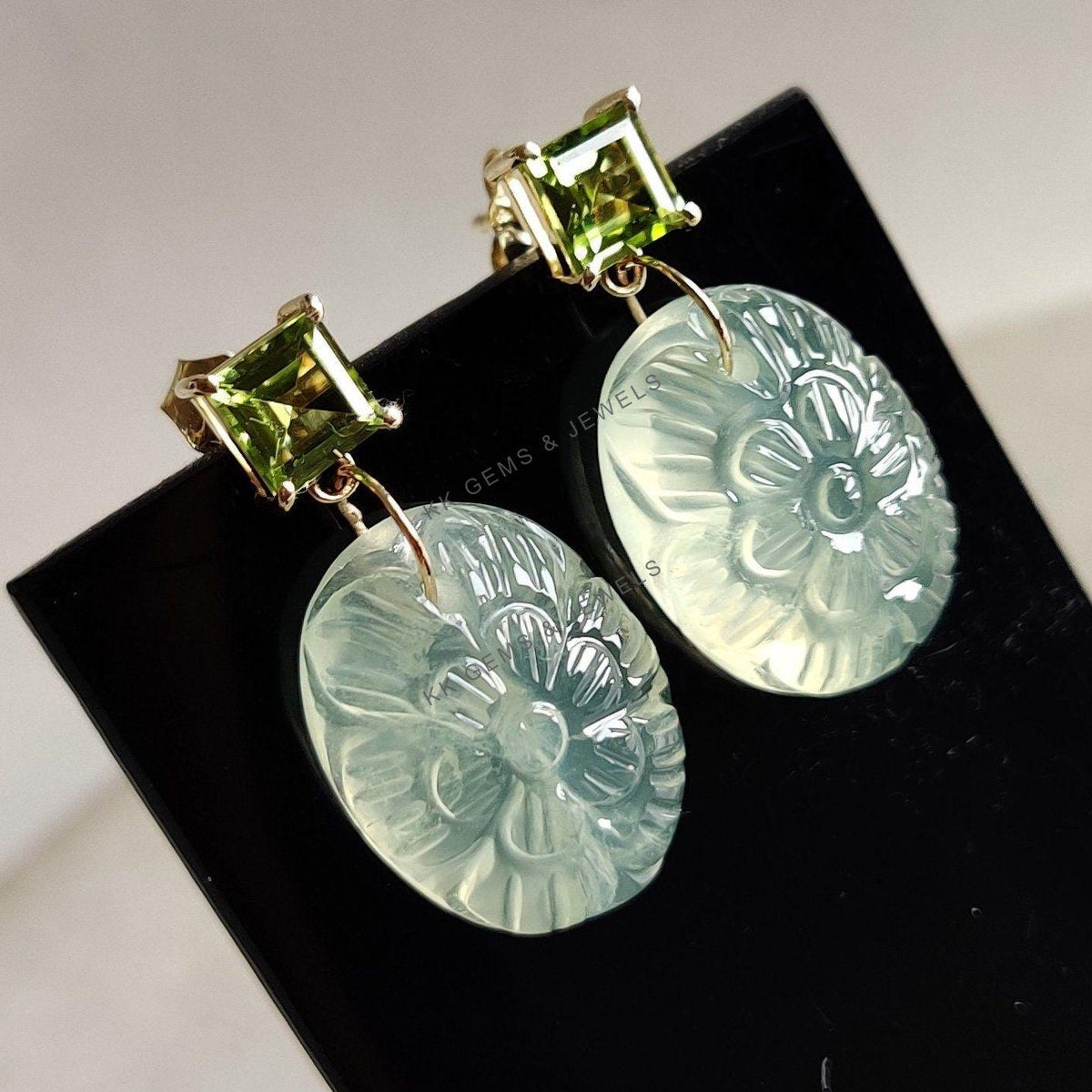 14K Solid Yellow Gold Natural Peridot Carved Prehnite Earrings, August Birthstone