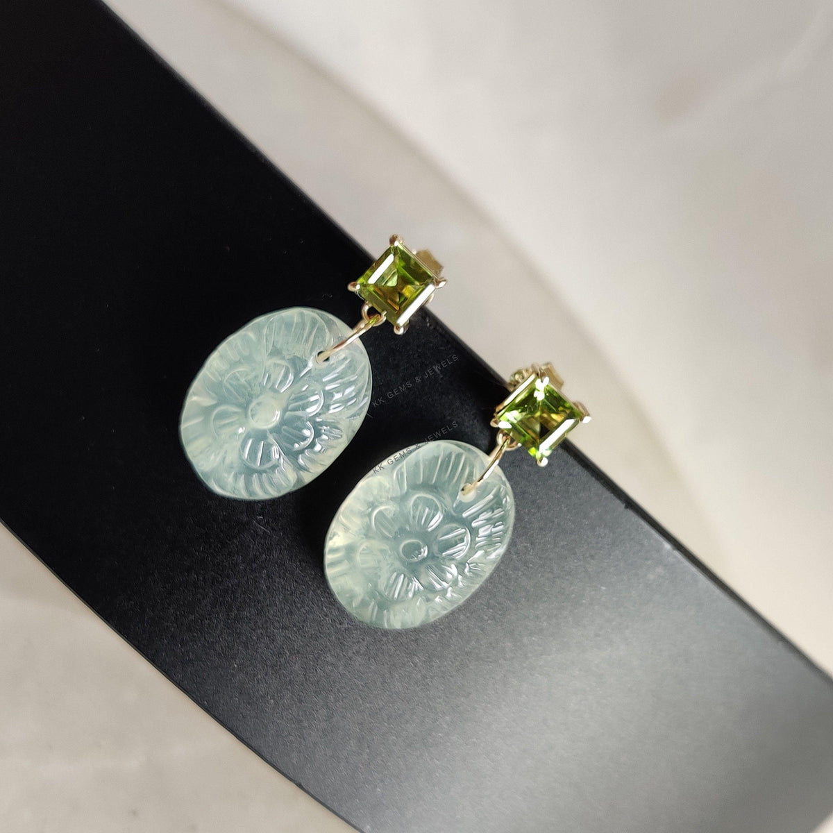 14K Solid Yellow Gold Natural Peridot Carved Prehnite Earrings, August Birthstone