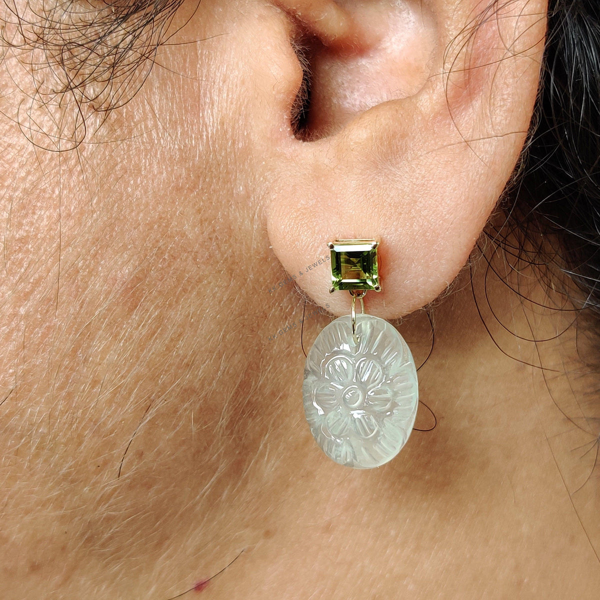 14K Solid Yellow Gold Natural Peridot Carved Prehnite Earrings, August Birthstone