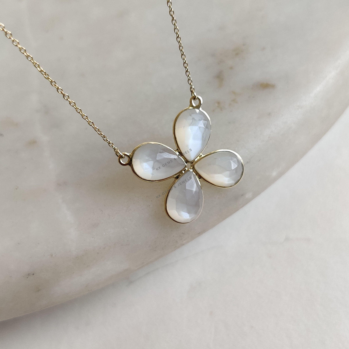 14K Solid Yellow Gold Natural White Moonstone Chain Flower Necklace, June Birthstone