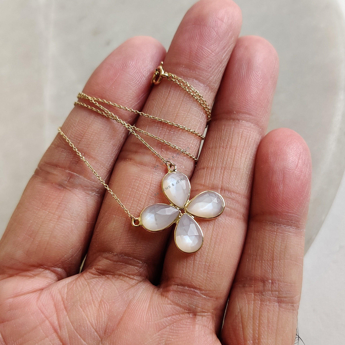 14K Solid Yellow Gold Natural White Moonstone Chain Flower Necklace, June Birthstone
