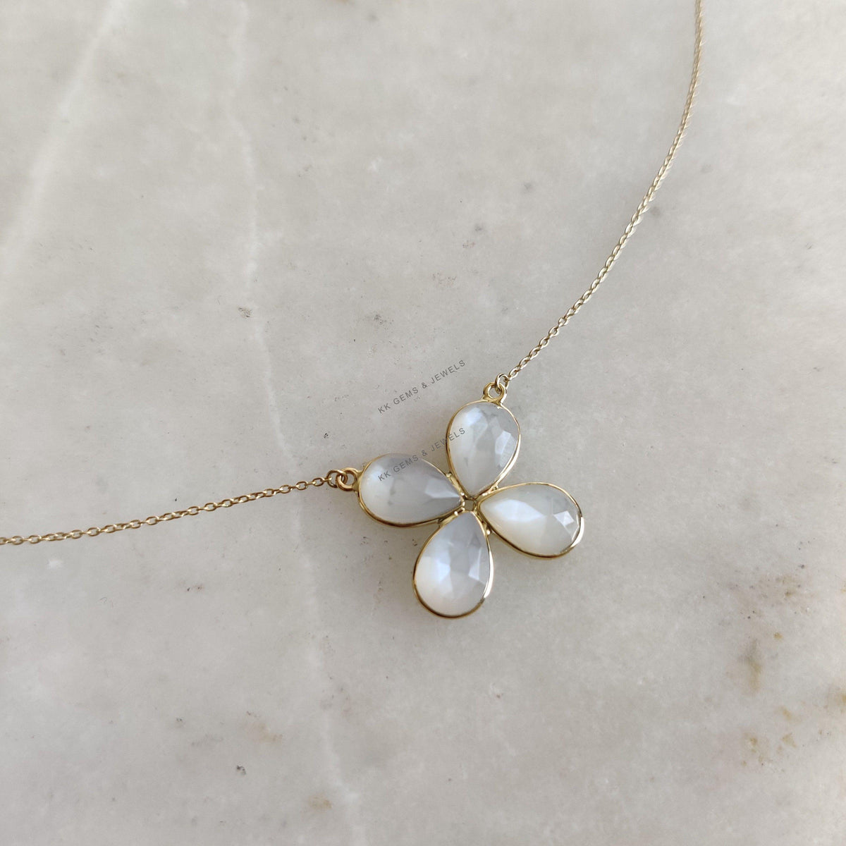 14K Solid Yellow Gold Natural White Moonstone Chain Flower Necklace, June Birthstone
