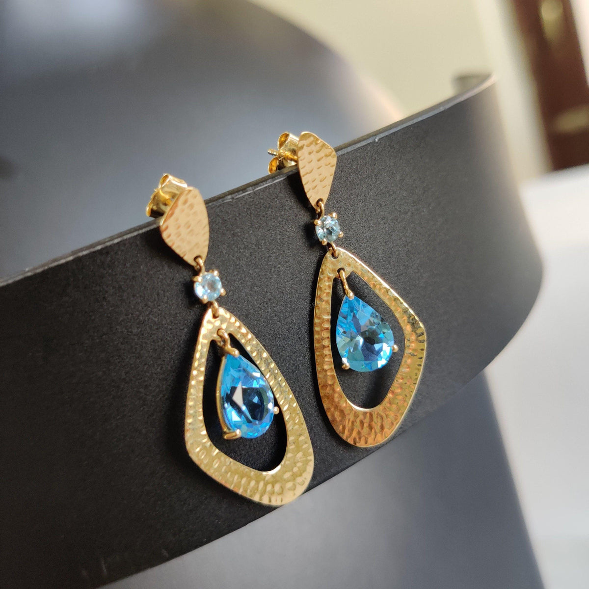 14K Solid Yellow Gold Natural Swiss & Sky Blue Topaz Earrings, December Birthstone