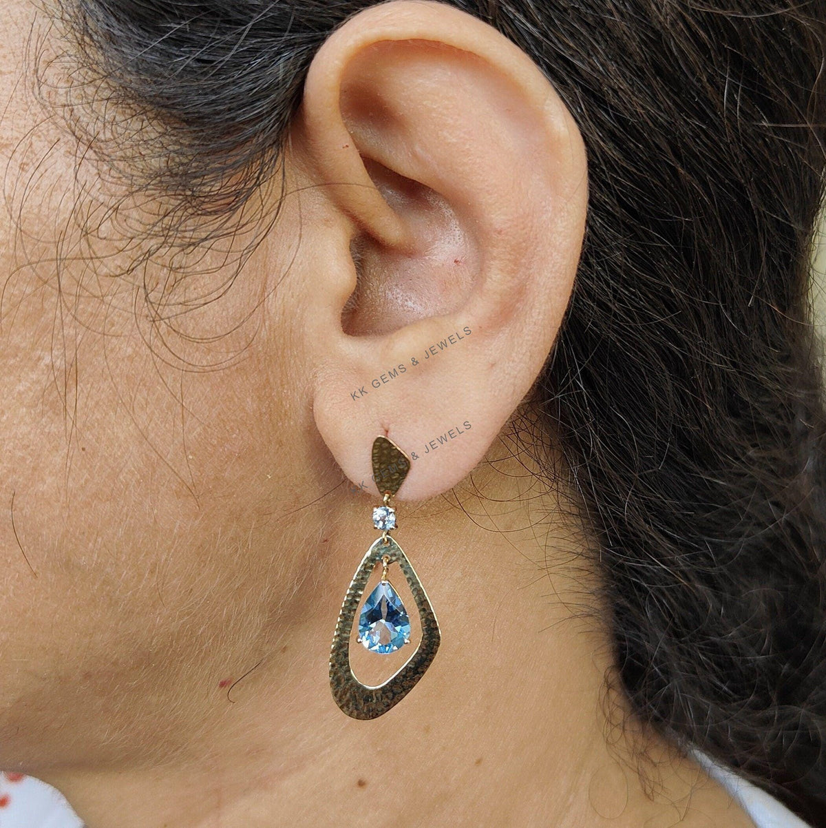 14K Solid Yellow Gold Natural Swiss & Sky Blue Topaz Earrings, December Birthstone