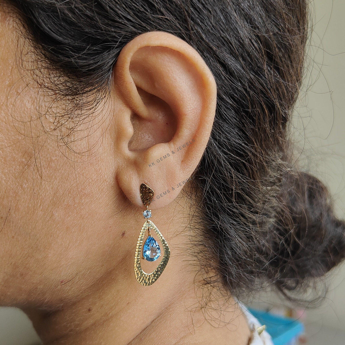 14K Solid Yellow Gold Natural Swiss & Sky Blue Topaz Earrings, December Birthstone