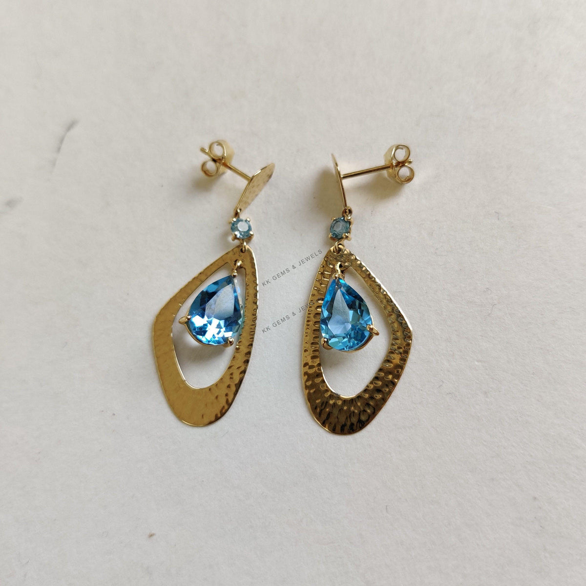 14K Solid Yellow Gold Natural Swiss & Sky Blue Topaz Earrings, December Birthstone