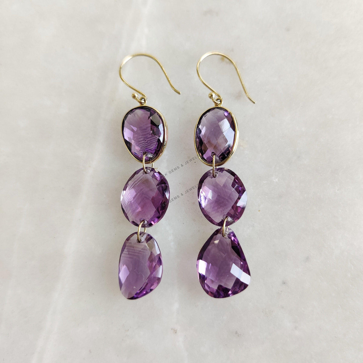 14K Solid Yellow Gold Natural Purple Amethyst Earrings, February Birthstone