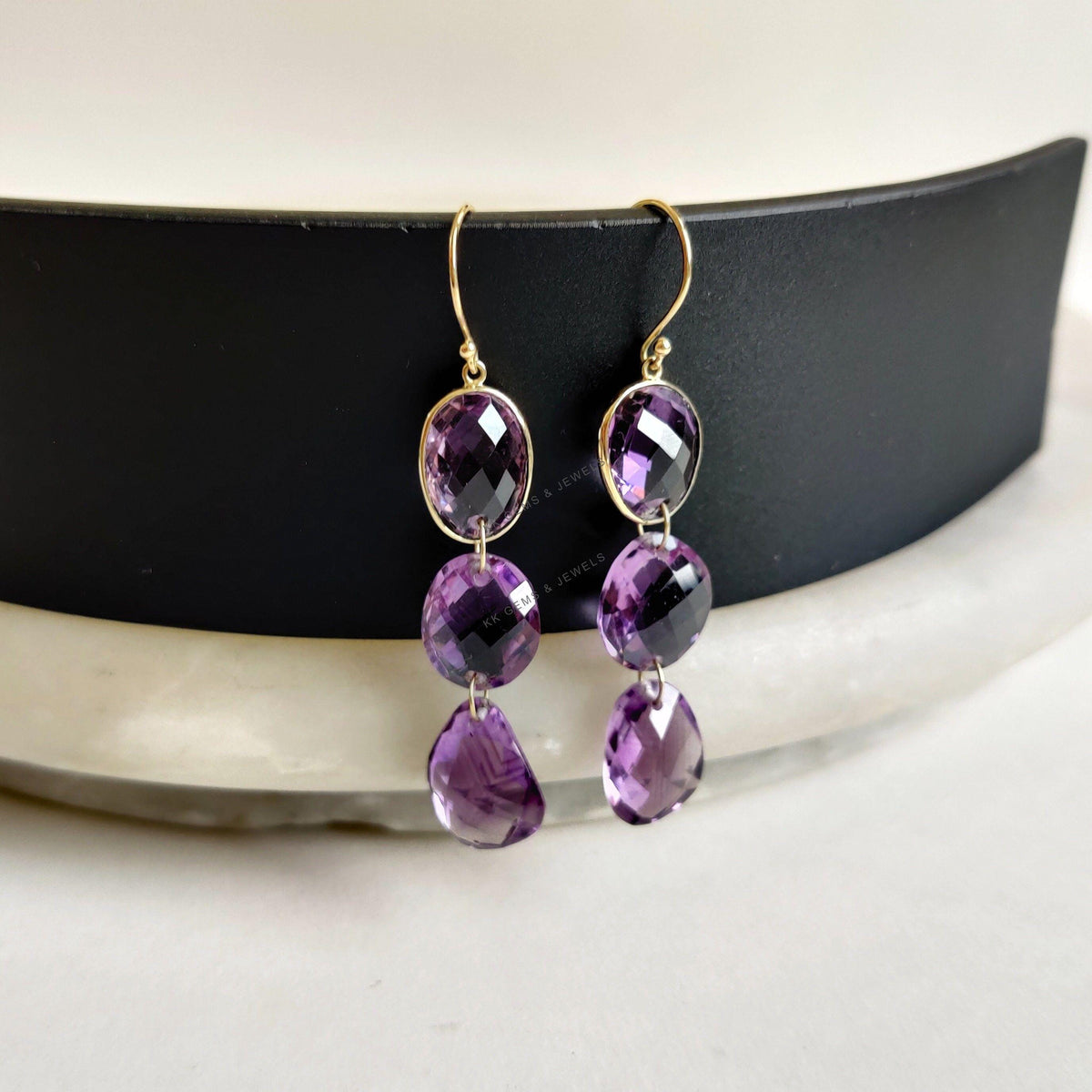 14K Solid Yellow Gold Natural Purple Amethyst Earrings, February Birthstone