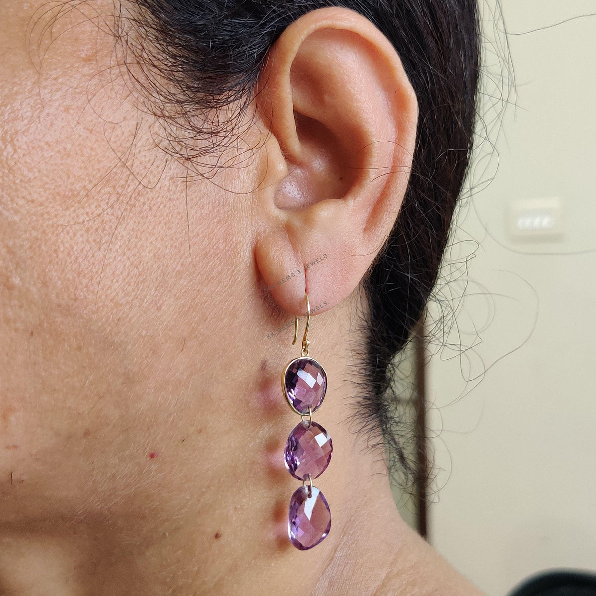 14K Solid Yellow Gold Natural Purple Amethyst Earrings, February Birthstone