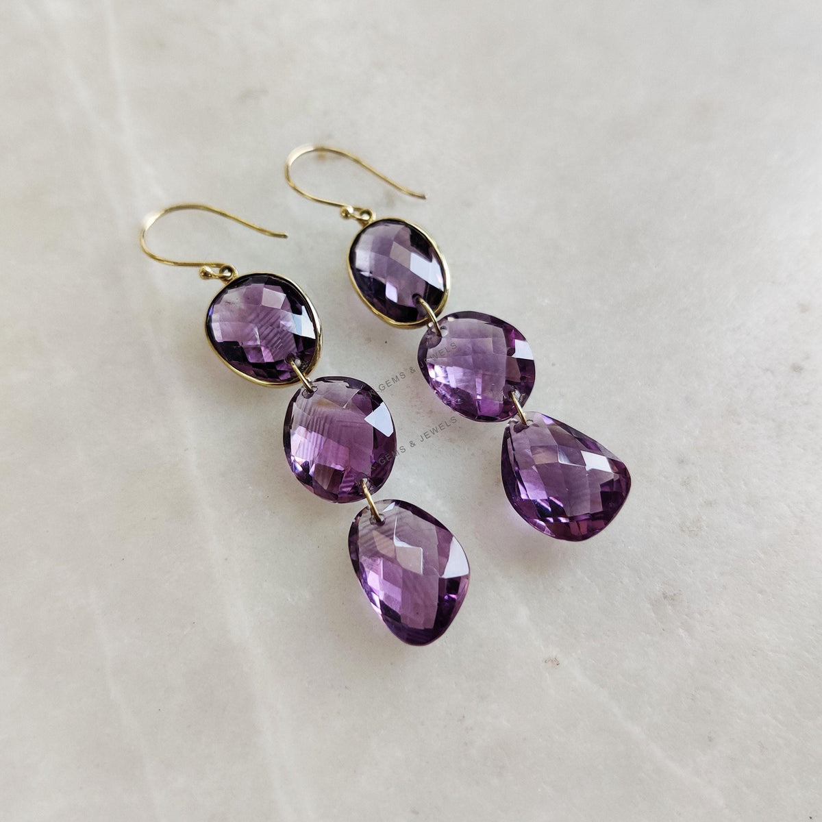 14K Solid Yellow Gold Natural Purple Amethyst Earrings, February Birthstone