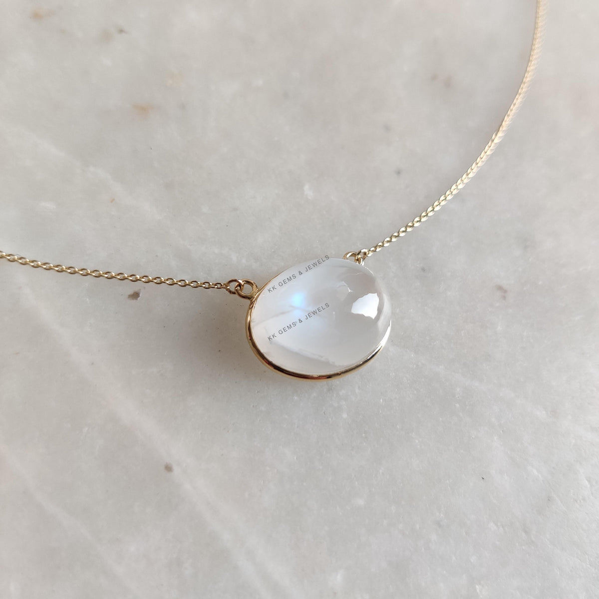 14K Solid Gold Natural Rainbow Moonstone Chain Necklace, June Birthstone