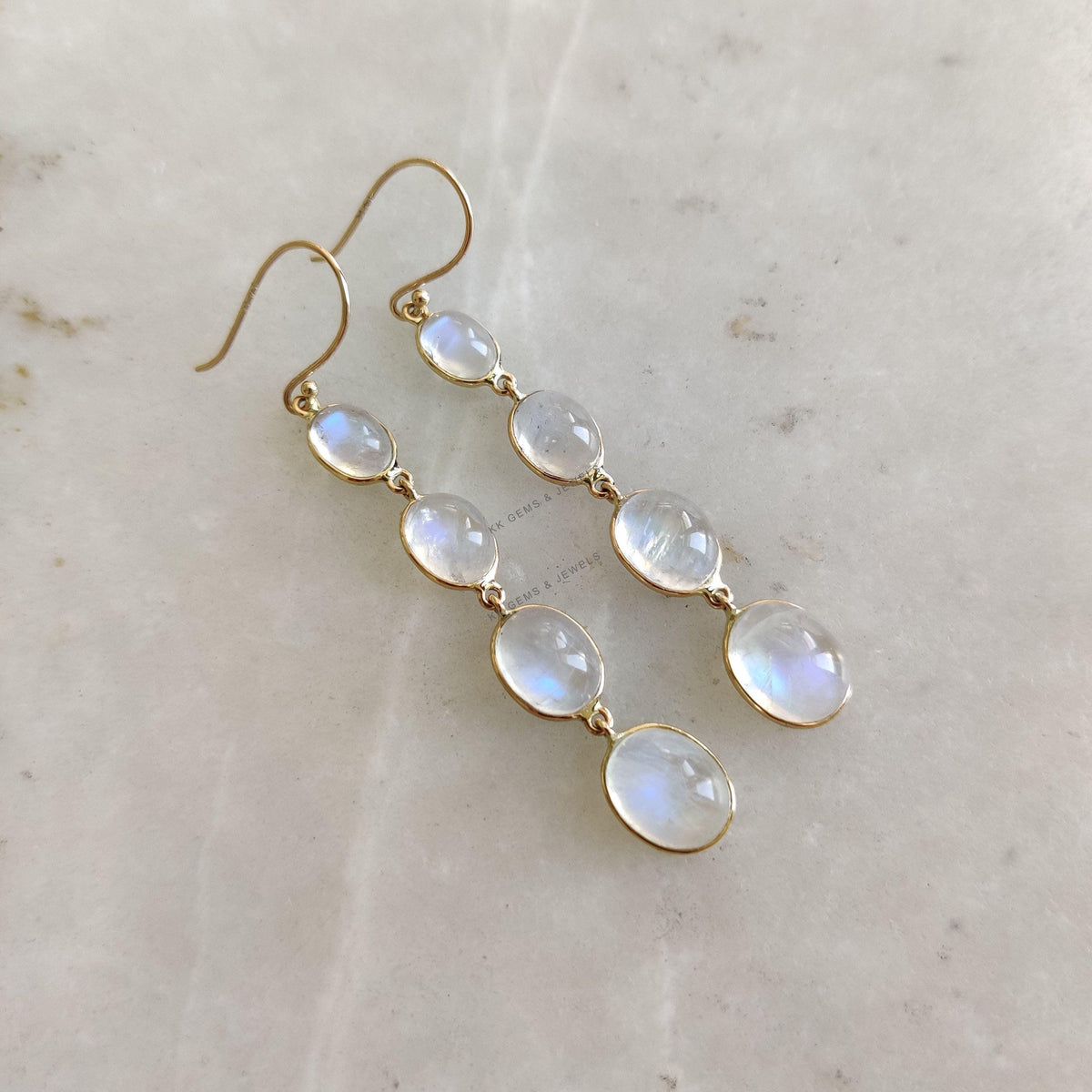 14K Solid Gold Natural Rainbow Moonstone Bezel Danglers , June Birthstone