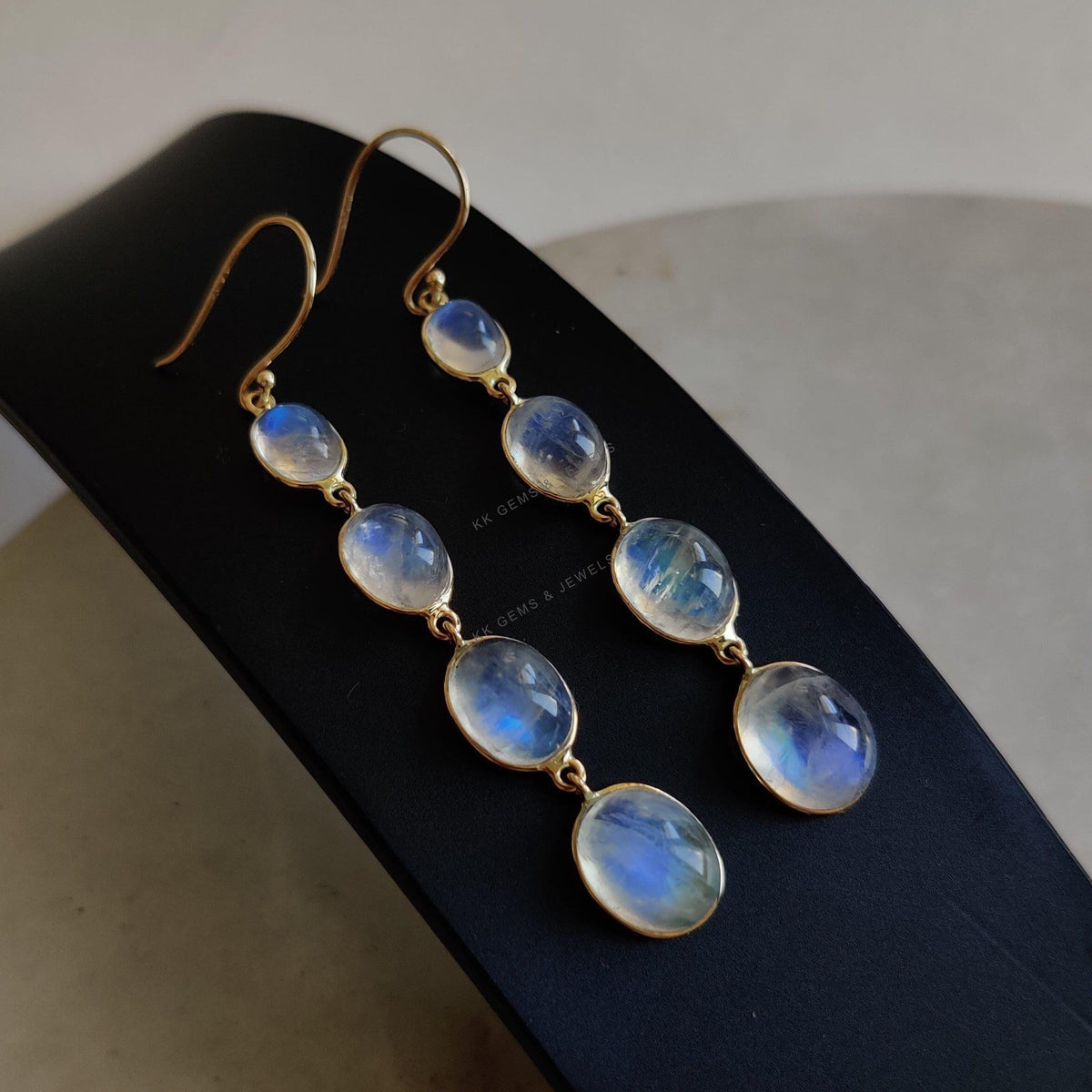 14K Solid Gold Natural Rainbow Moonstone Bezel Danglers , June Birthstone