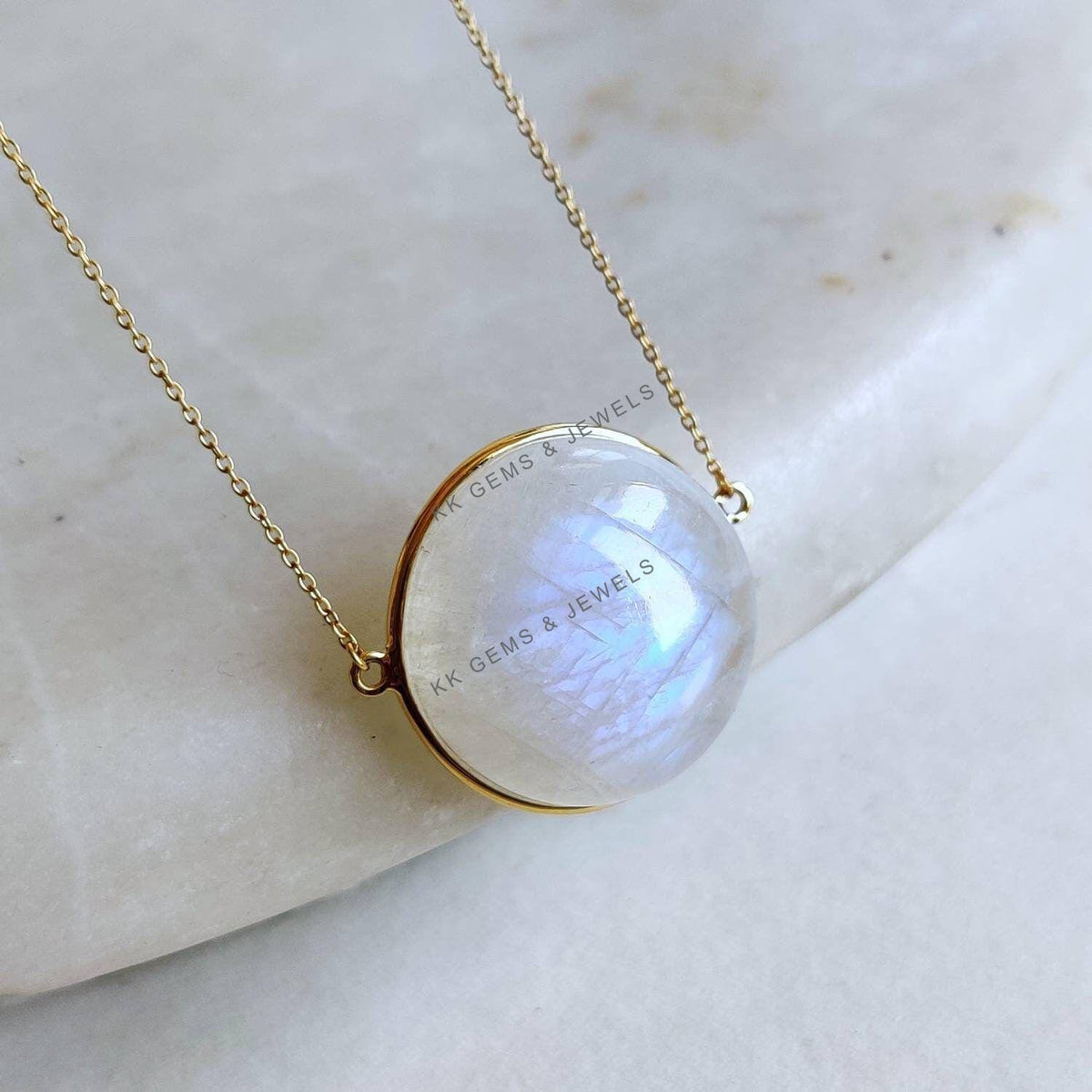 Natural Rainbow Moonstone Round Chain Necklace, 14K Solid Yellow Gold, June Birthstone