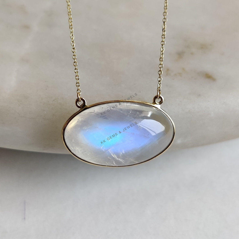14K Solid Gold Natural Rainbow Moonstone Chain Necklace, June Birthstone
