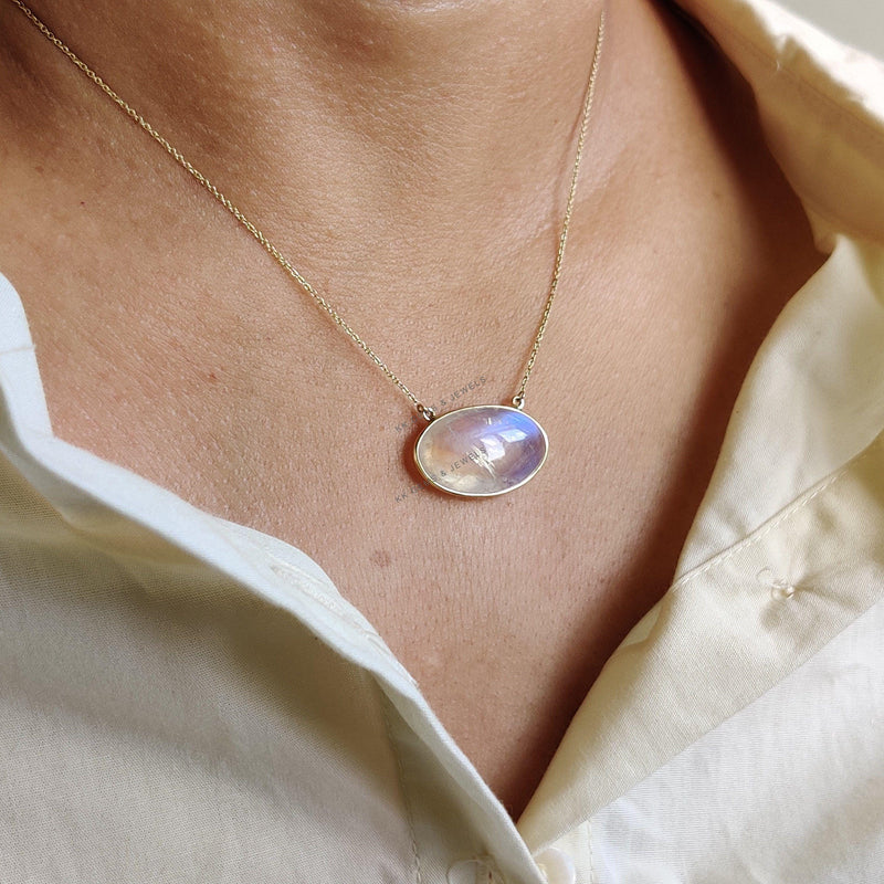 14K Solid Gold Natural Rainbow Moonstone Chain Necklace, June Birthstone