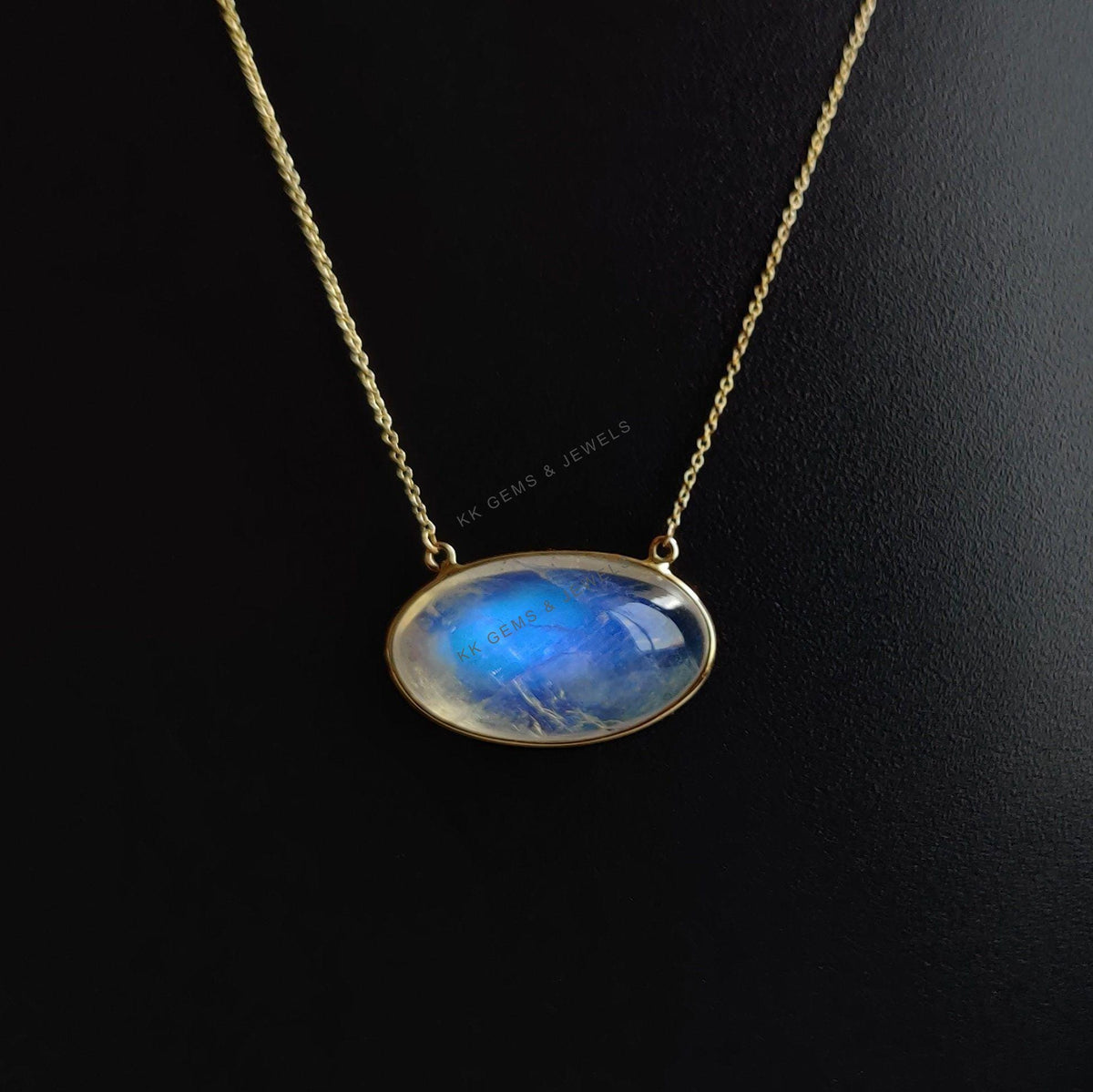 14K Solid Gold Natural Rainbow Moonstone Chain Necklace, June Birthstone