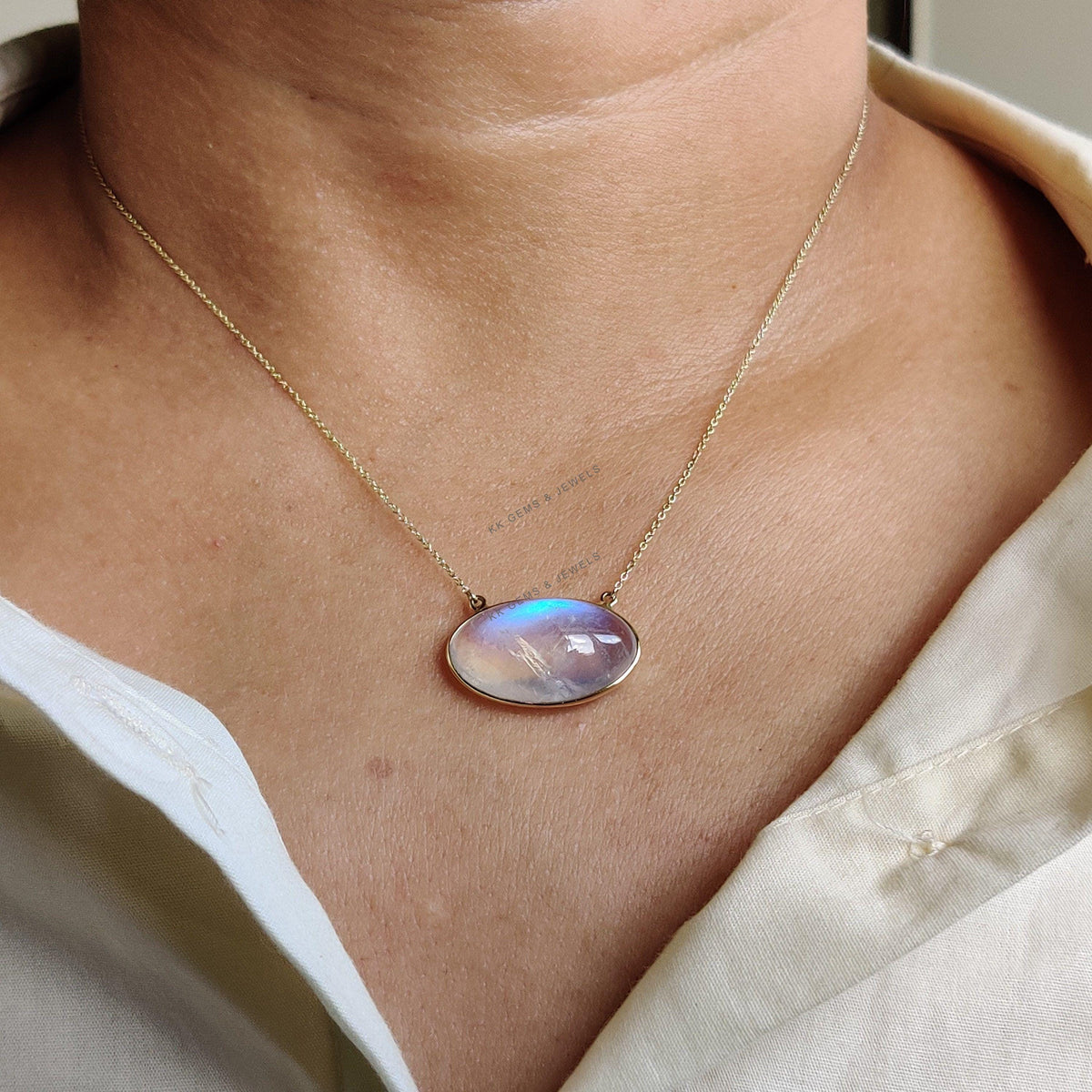 14K Solid Gold Natural Rainbow Moonstone Chain Necklace, June Birthstone