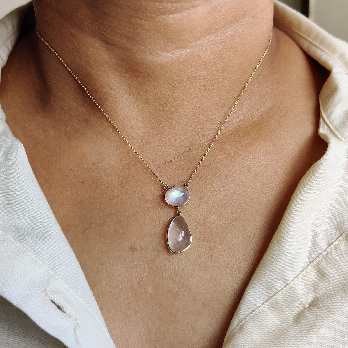 Natural Rainbow Moonstone 14K Solid Yellow Gold Chain Necklace, June Birthstone