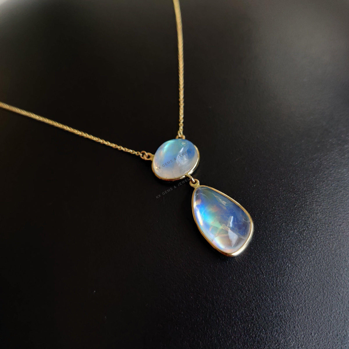 Natural Rainbow Moonstone 14K Solid Yellow Gold Chain Necklace, June Birthstone