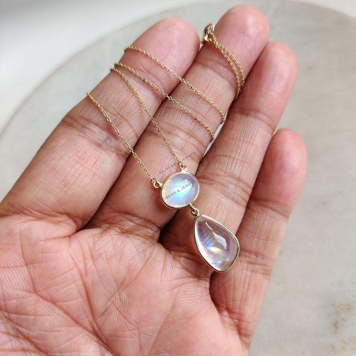 Natural Rainbow Moonstone 14K Solid Yellow Gold Chain Necklace, June Birthstone