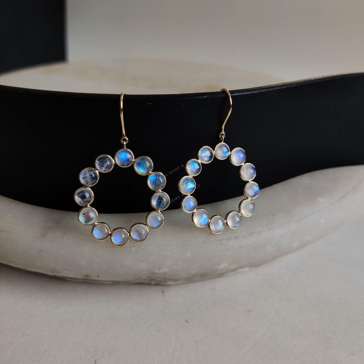 Natural Rainbow Moonstone 14K Solid Gold Bezel Earrings, June Birthstone