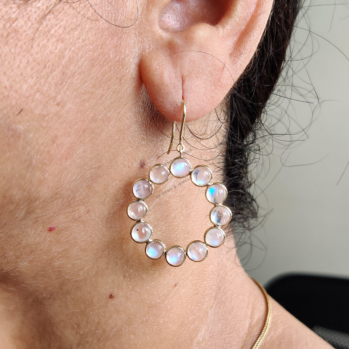 Natural Rainbow Moonstone 14K Solid Gold Bezel Earrings, June Birthstone