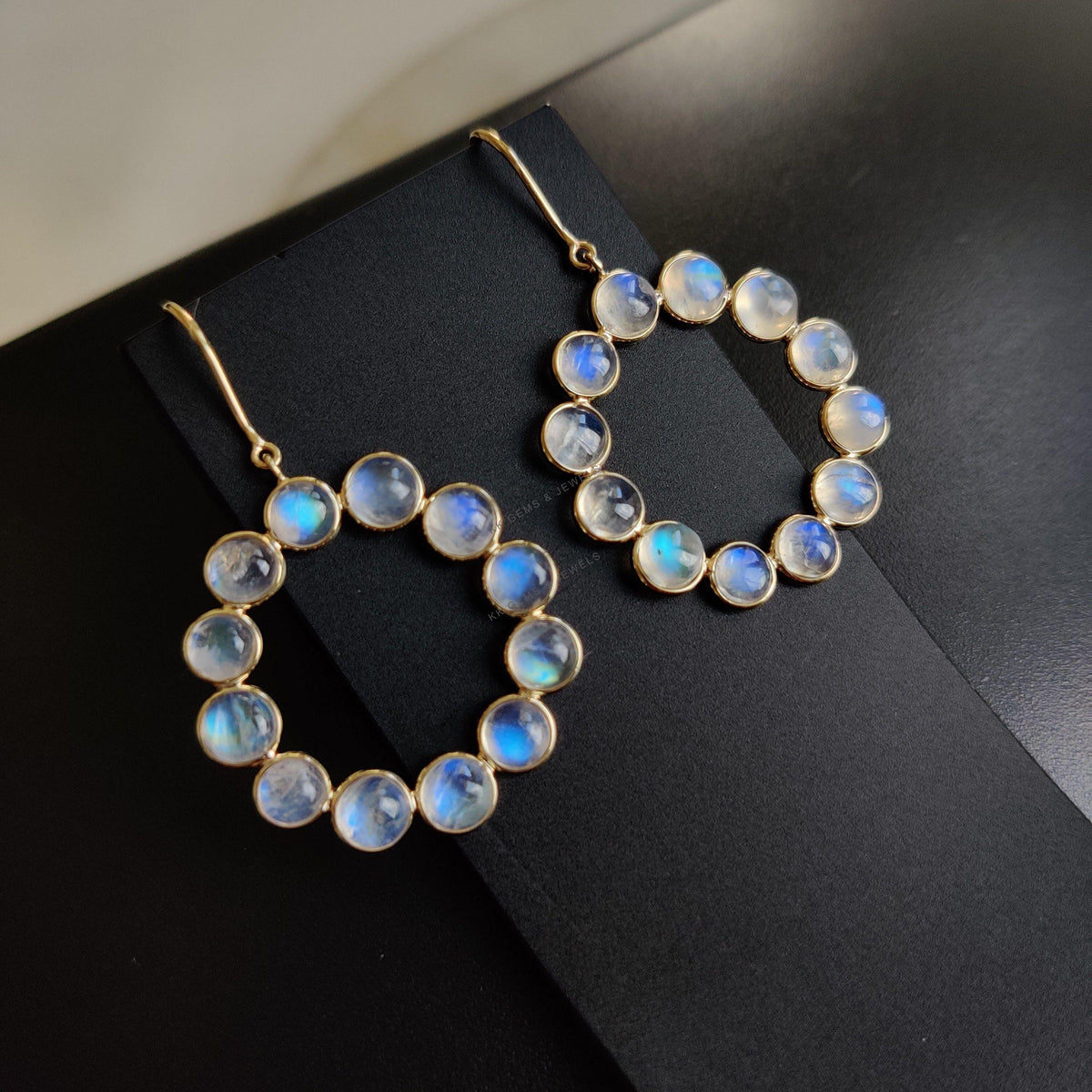 Natural Rainbow Moonstone 14K Solid Gold Bezel Earrings, June Birthstone