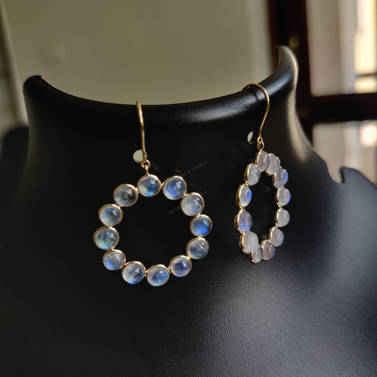 Natural Rainbow Moonstone 14K Solid Gold Bezel Earrings, June Birthstone