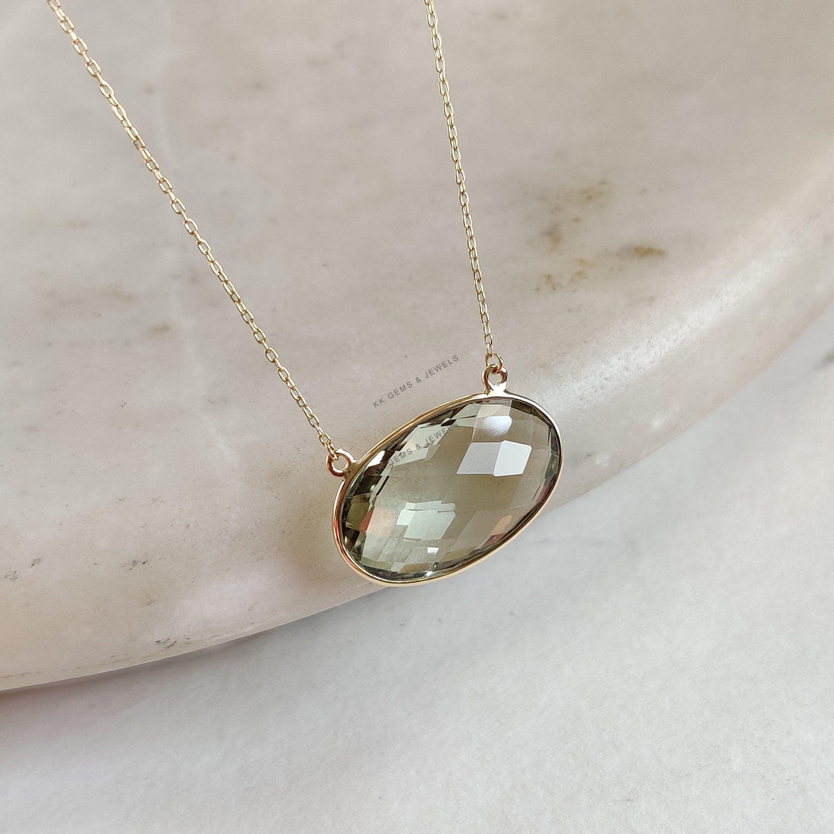 Natural Green Amethyst 14K Solid Yellow Gold Chain Necklace, February Birthstone