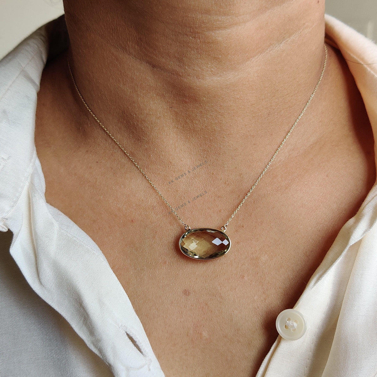 Natural Green Amethyst 14K Solid Yellow Gold Chain Necklace, February Birthstone