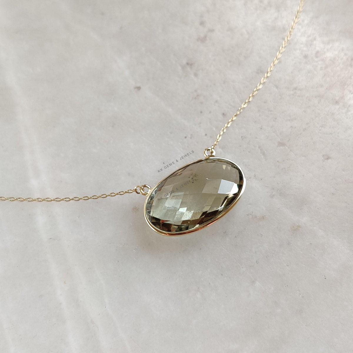 Natural Green Amethyst 14K Solid Yellow Gold Chain Necklace, February Birthstone