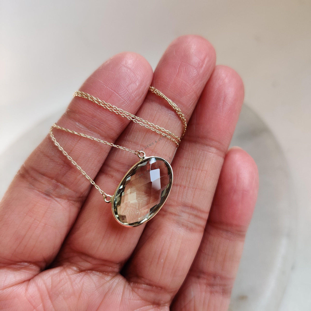 Natural Green Amethyst 14K Solid Yellow Gold Chain Necklace, February Birthstone