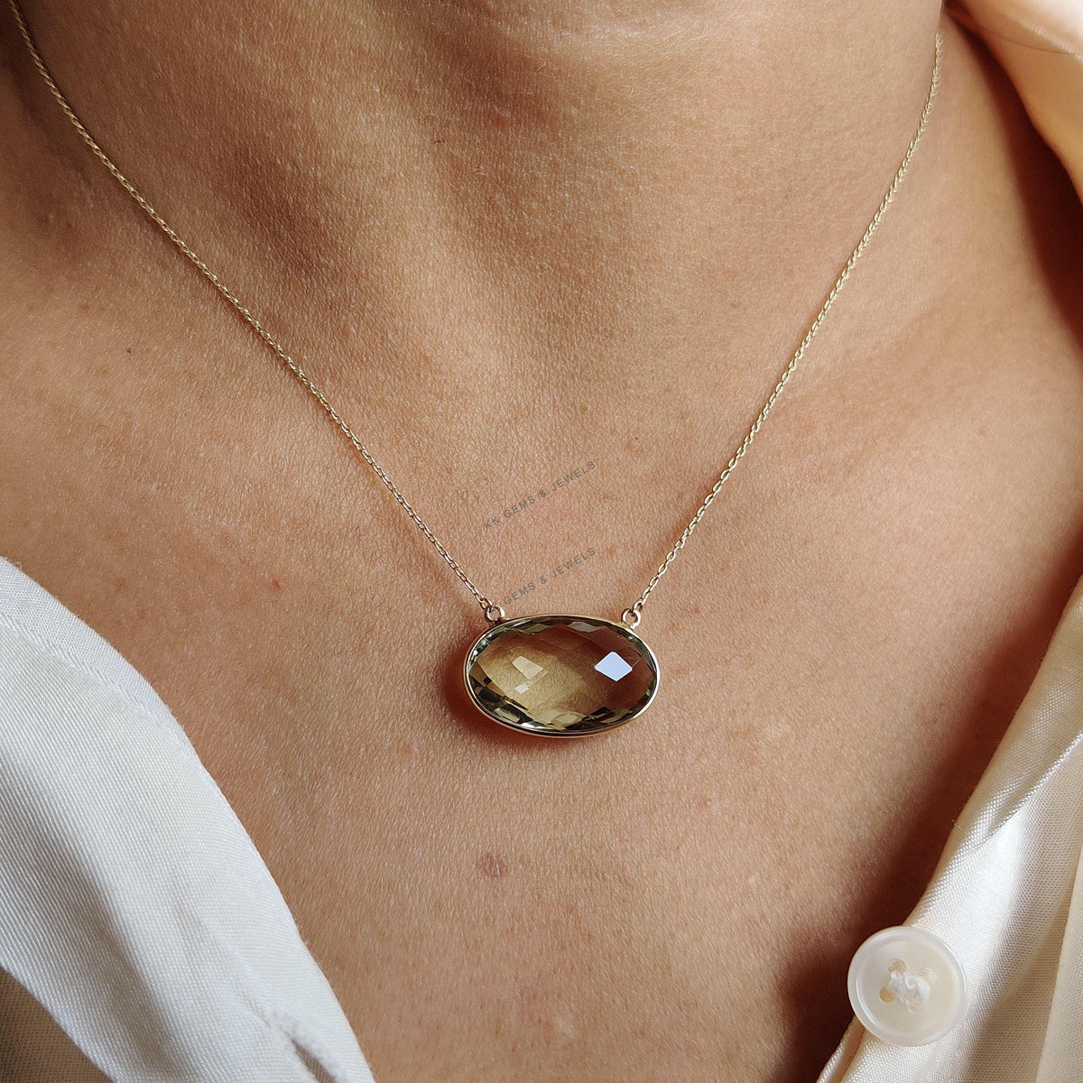 Natural Green Amethyst 14K Solid Yellow Gold Chain Necklace, February Birthstone
