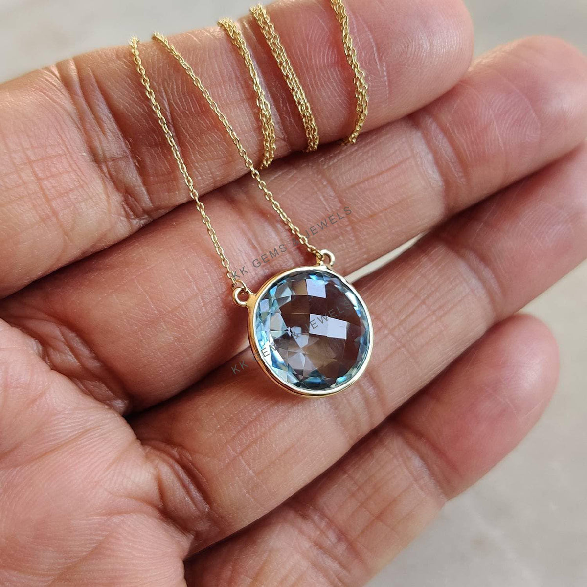 Natural Sky Blue Topaz Chain Necklace, 14K Solid Yellow Gold, December Birthstone
