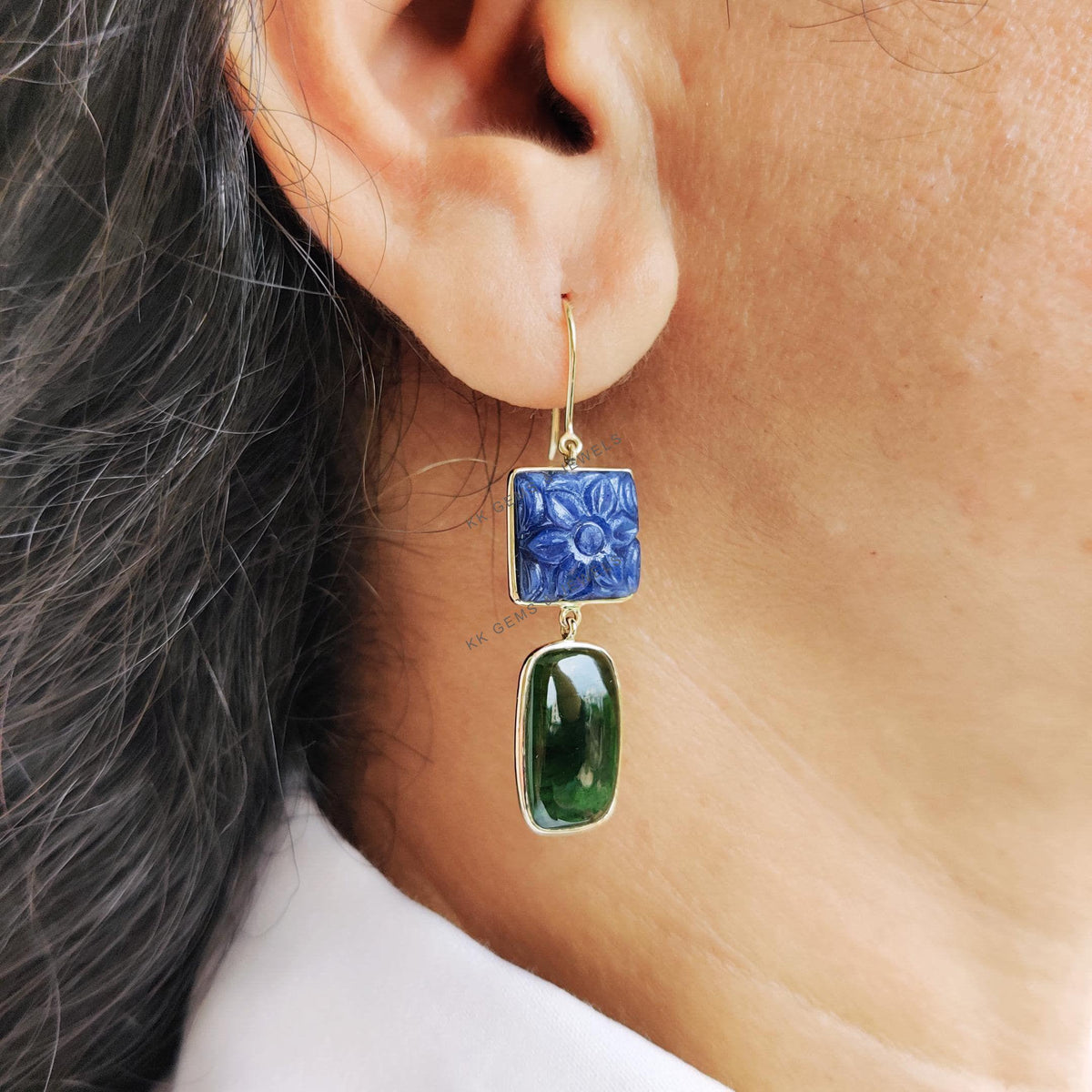 14K Solid Yellow Gold Natural Green Tourmaline &  Carving Blue Sapphire Earrings, Christmas Gift
