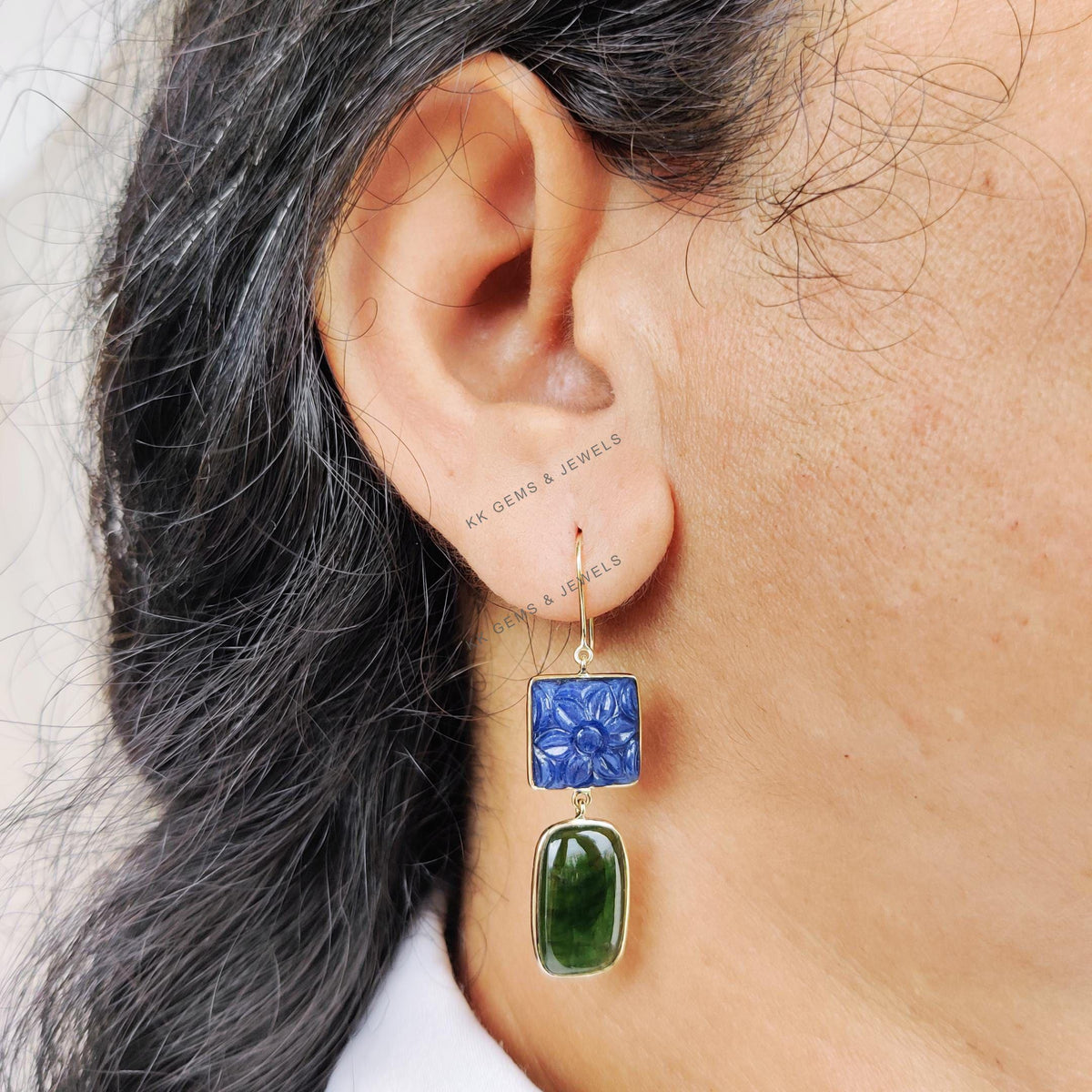 14K Solid Yellow Gold Natural Green Tourmaline &  Carving Blue Sapphire Earrings, Christmas Gift