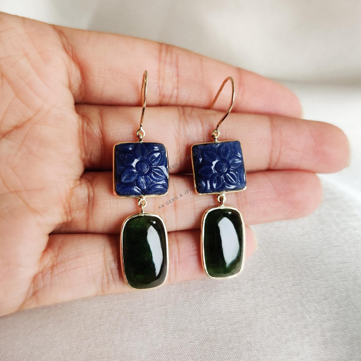 14K Solid Yellow Gold Natural Green Tourmaline &  Carving Blue Sapphire Earrings, Christmas Gift