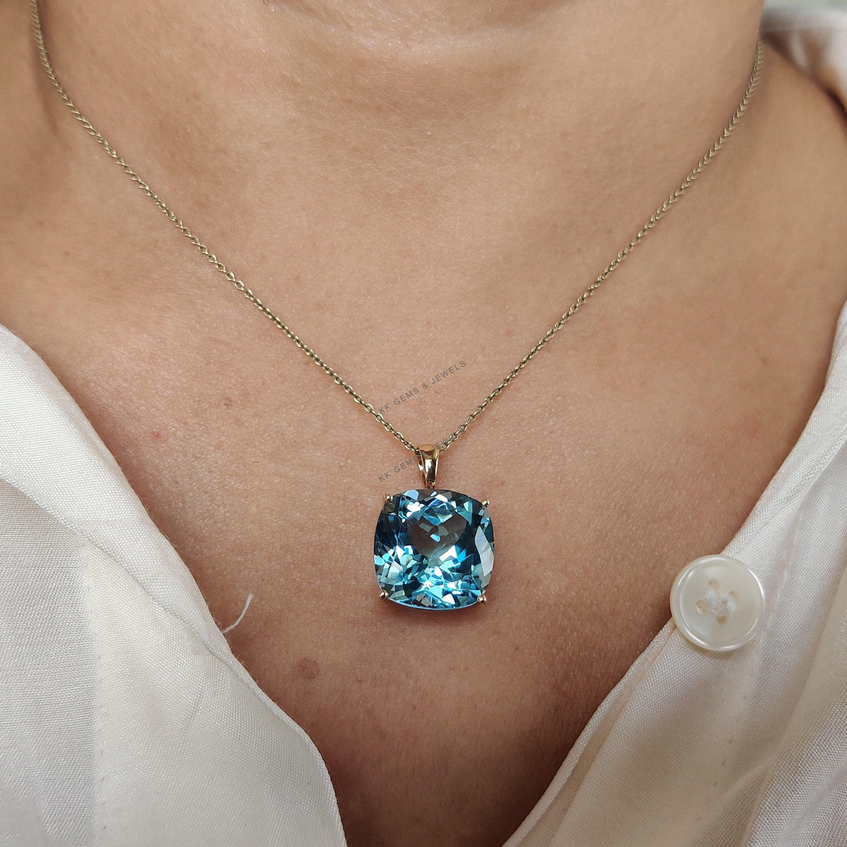Natural Sky Blue Topaz Pendant, 14K Solid Yellow Gold, December Birthstone