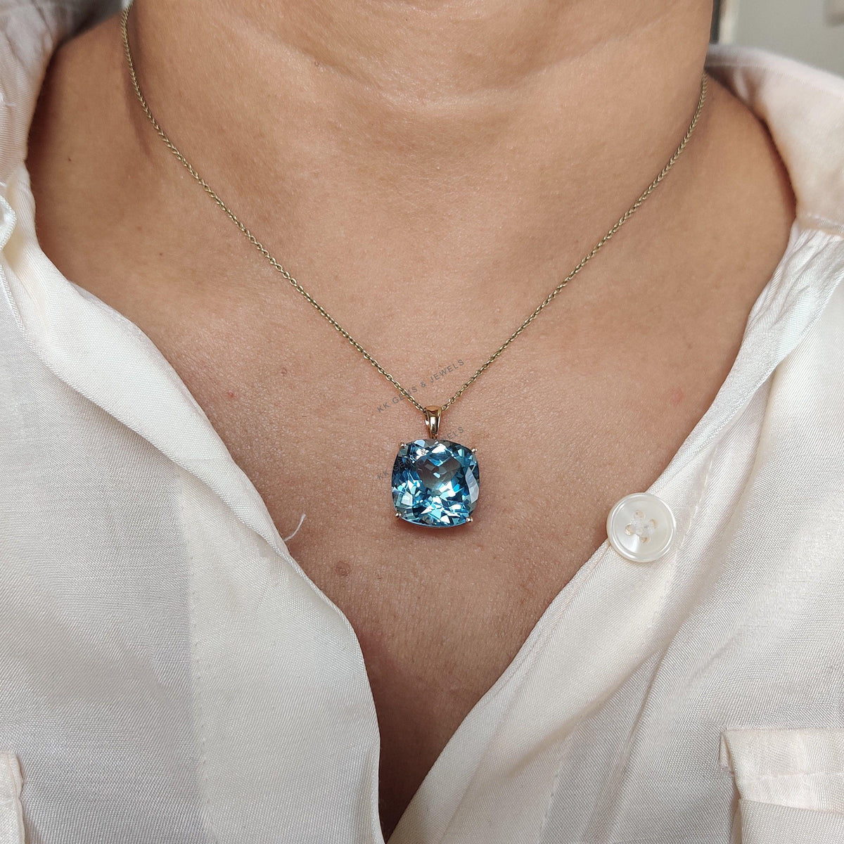 Natural Sky Blue Topaz Pendant, 14K Solid Yellow Gold, December Birthstone
