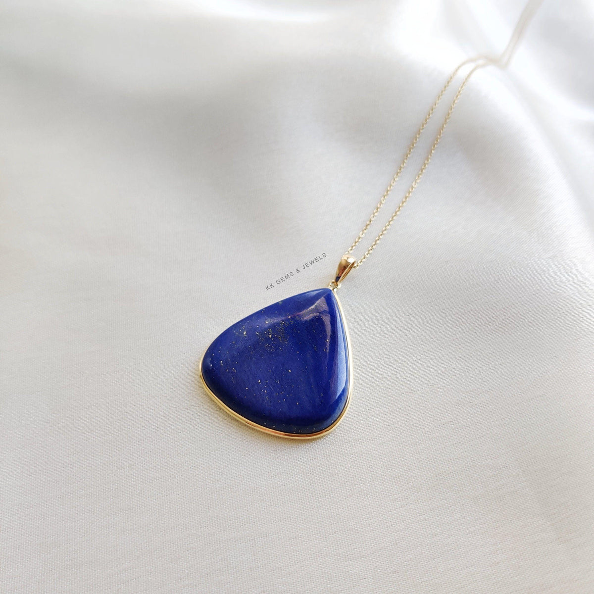 14K Solid Gold Natural Lapis Lazuli Pendant, Triangle Gemstone, September Birthstone