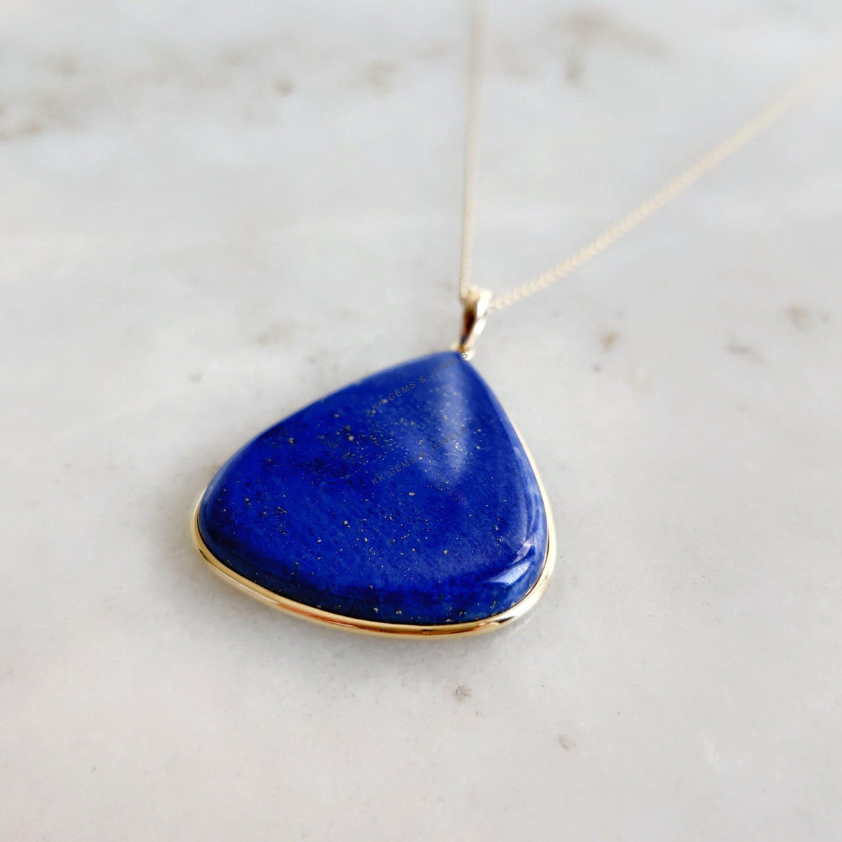 14K Solid Gold Natural Lapis Lazuli Pendant, Triangle Gemstone, September Birthstone