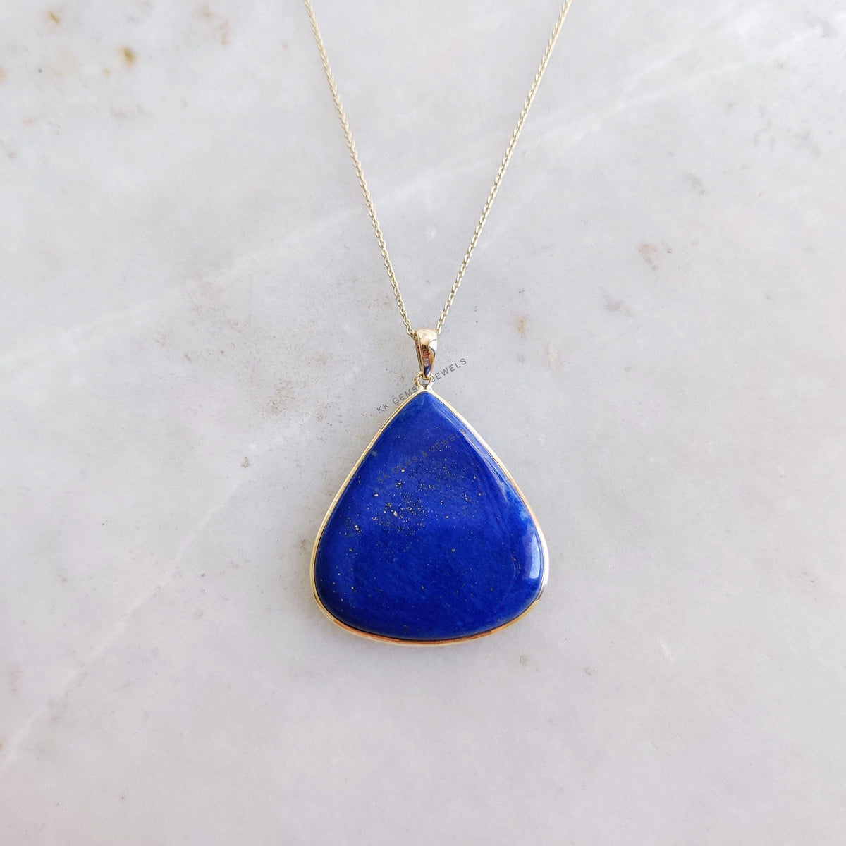 14K Solid Gold Natural Lapis Lazuli Pendant, Triangle Gemstone, September Birthstone